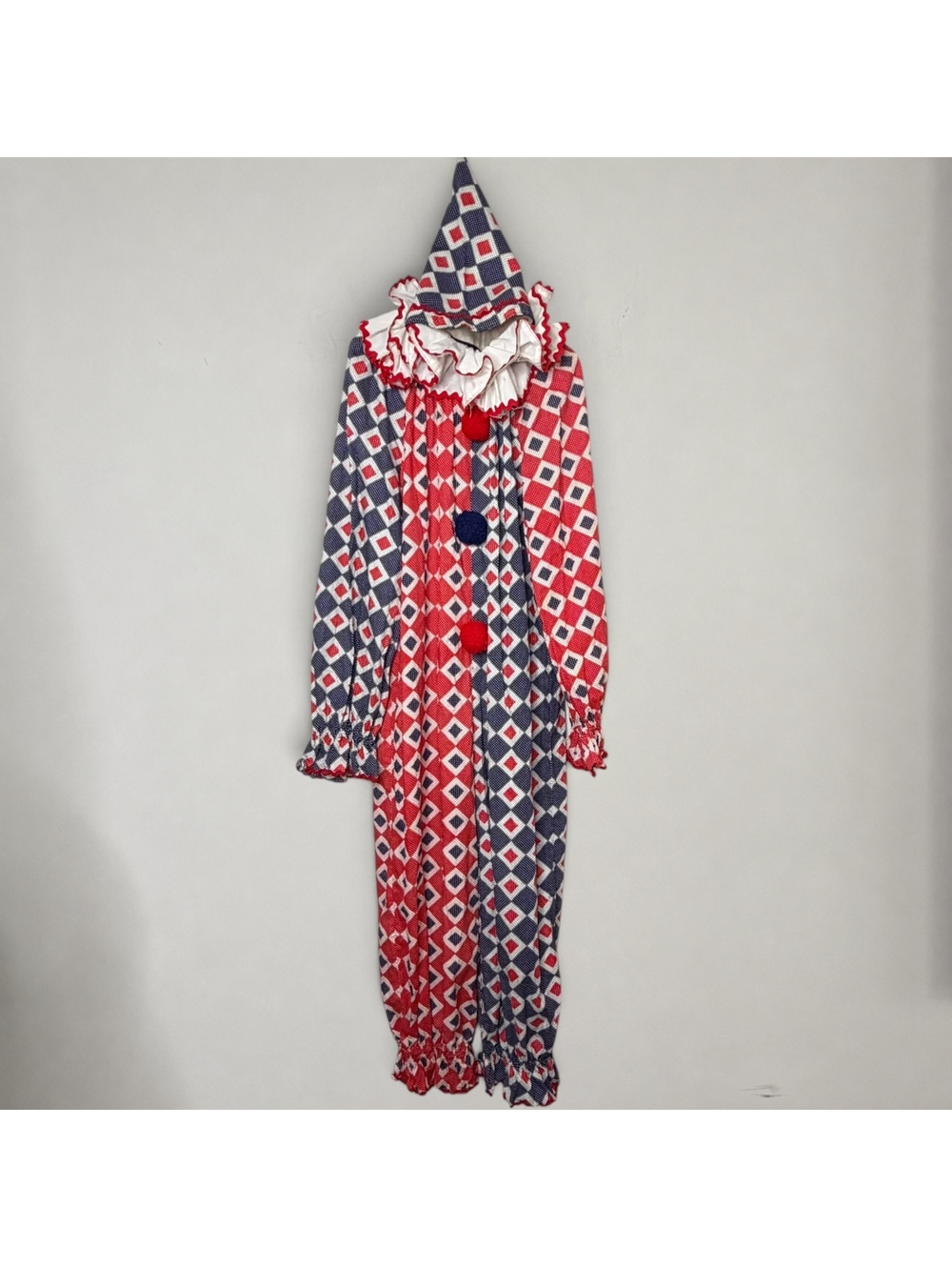 Vintage Handmade Harlequin Clown Jumpsuit Costume Red Blue Diamond Print